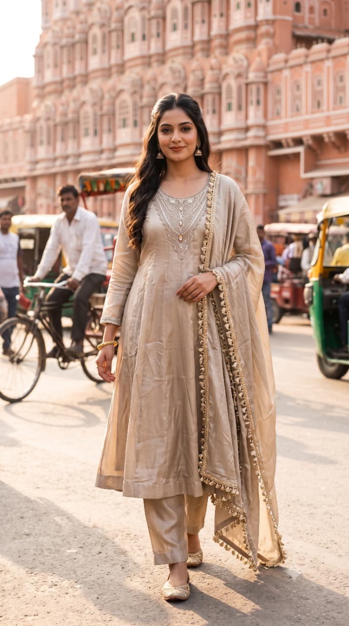 Champagne Gray Georgette Anarkali Suit Set with Intricate Zardozi Neckline.