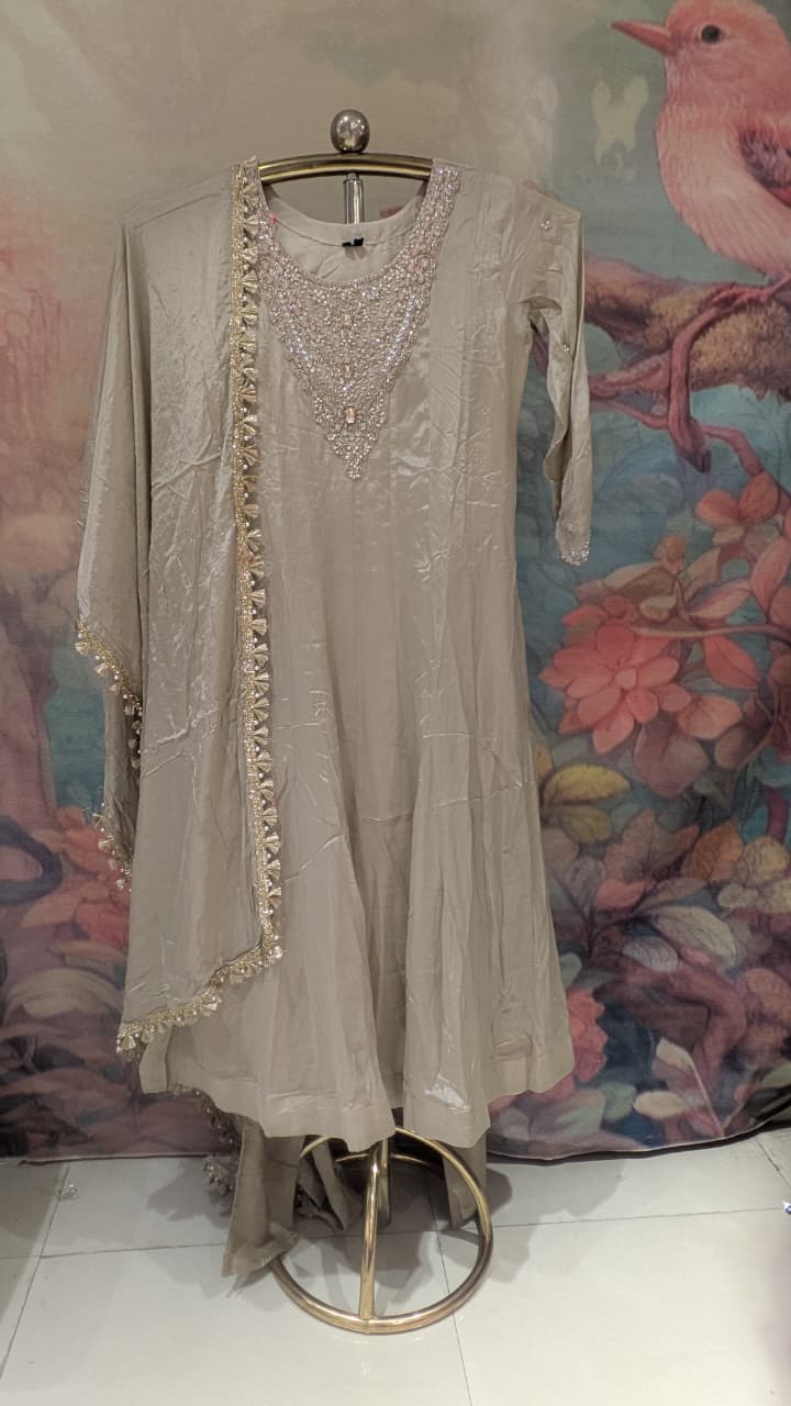 Champagne Gray Georgette Anarkali Suit Set with Intricate Zardozi Neckline.