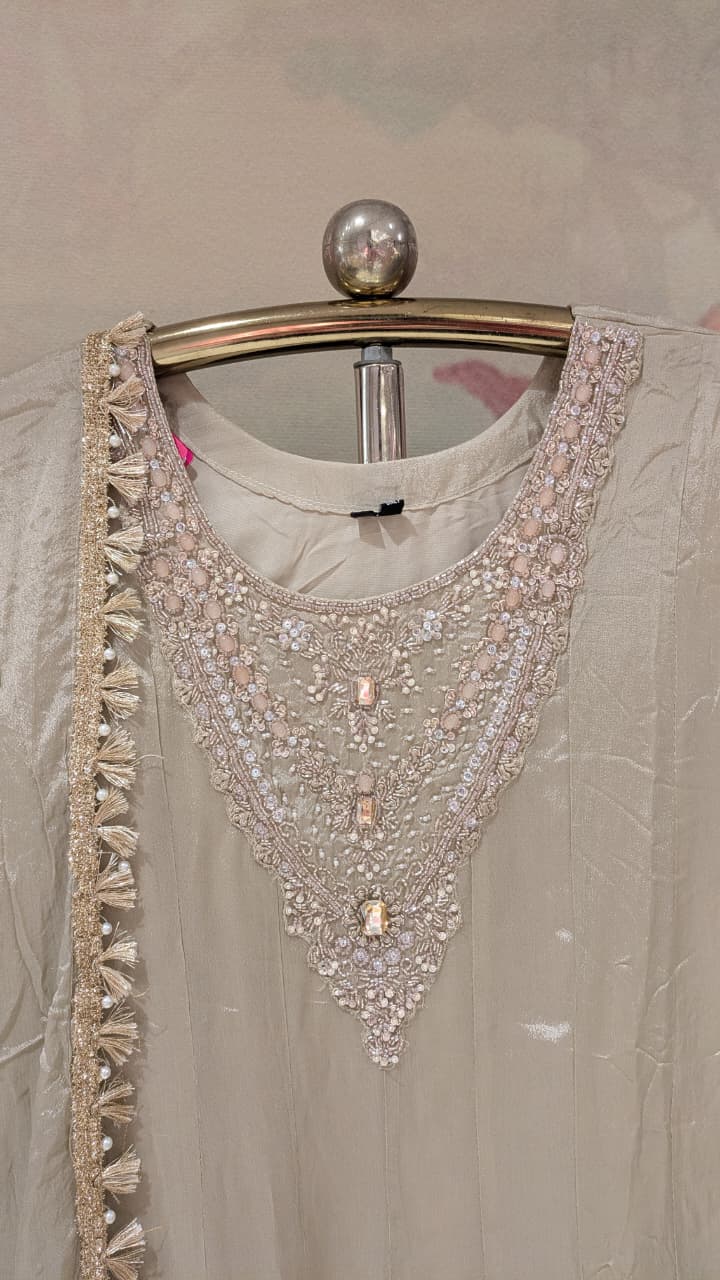 Champagne Gray Georgette Anarkali Suit Set with Intricate Zardozi Neckline.