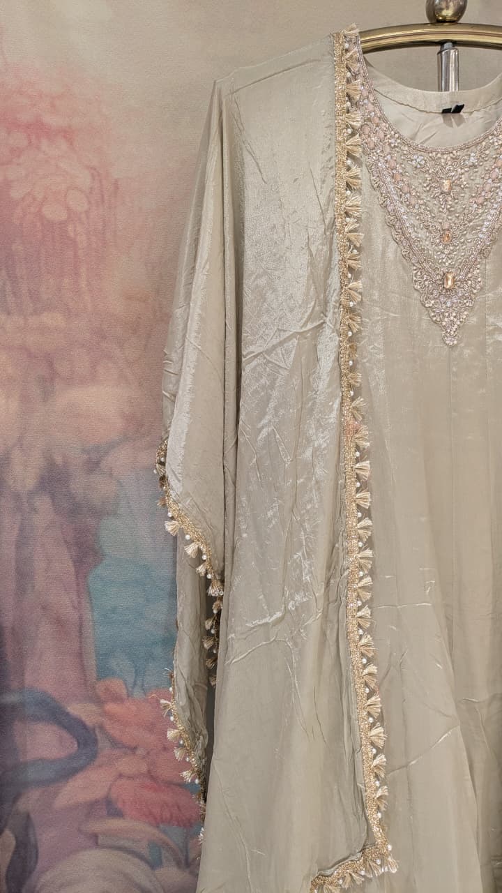 Champagne Gray Georgette Anarkali Suit Set with Intricate Zardozi Neckline.