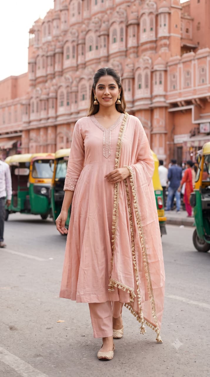 Blush Pink Embroidered Georgette Anarkali Set.