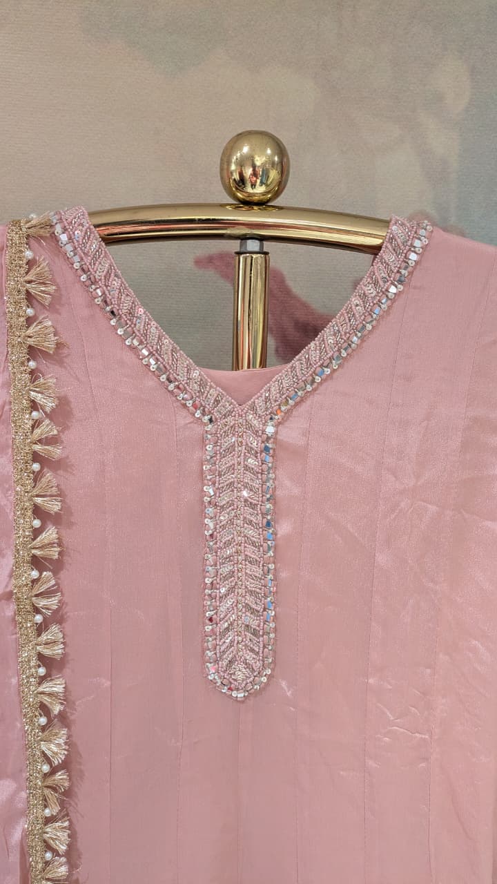 Blush Pink Embroidered Georgette Anarkali Set.