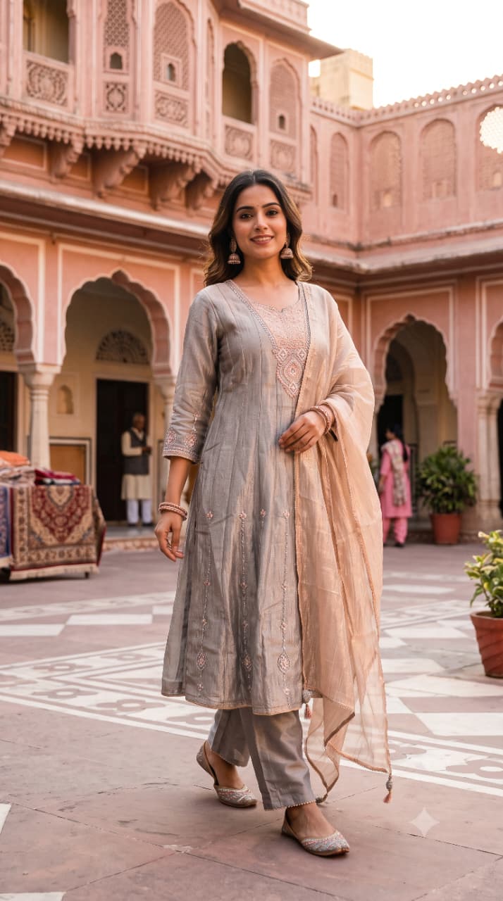 Metallic Grey Embroidered Anarkali Set.