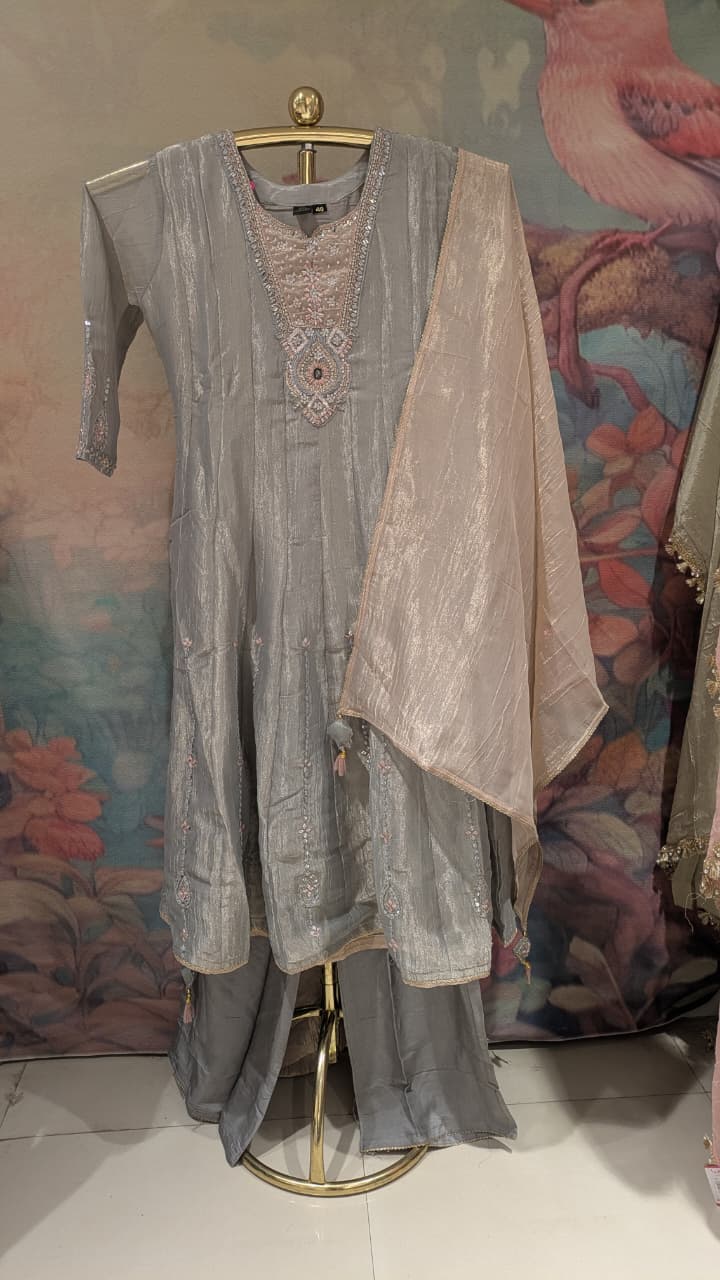 Metallic Grey Embroidered Anarkali Set.