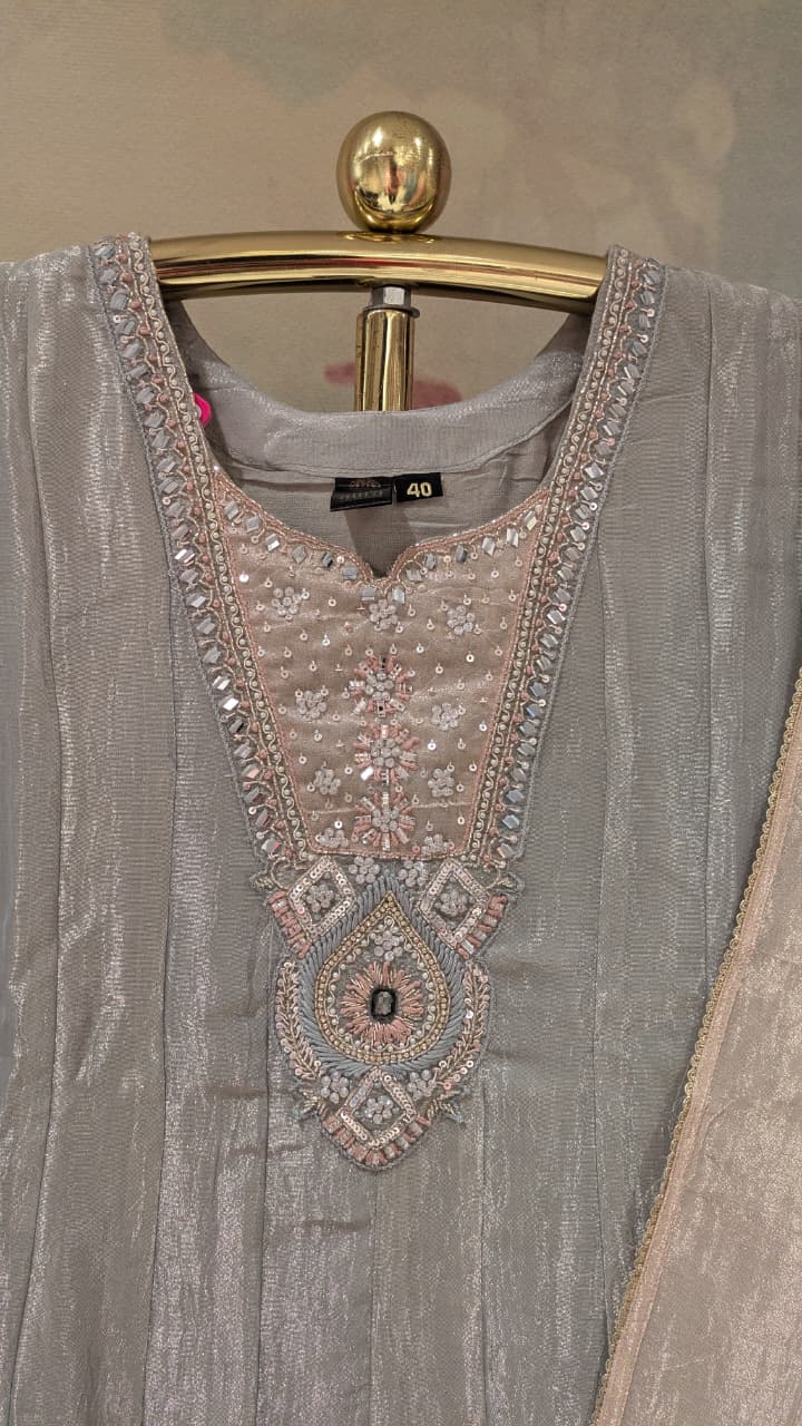 Metallic Grey Embroidered Anarkali Set.