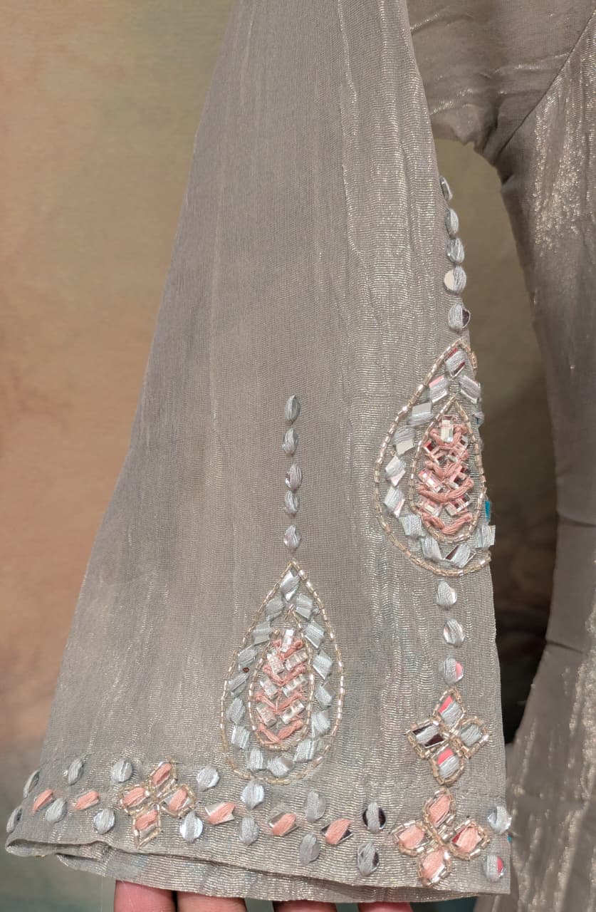 Metallic Grey Embroidered Anarkali Set.