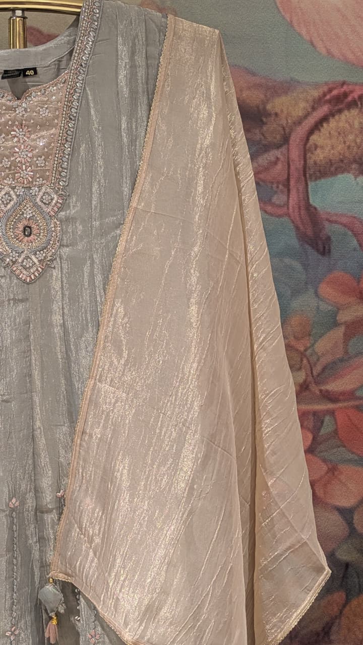 Metallic Grey Embroidered Anarkali Set.