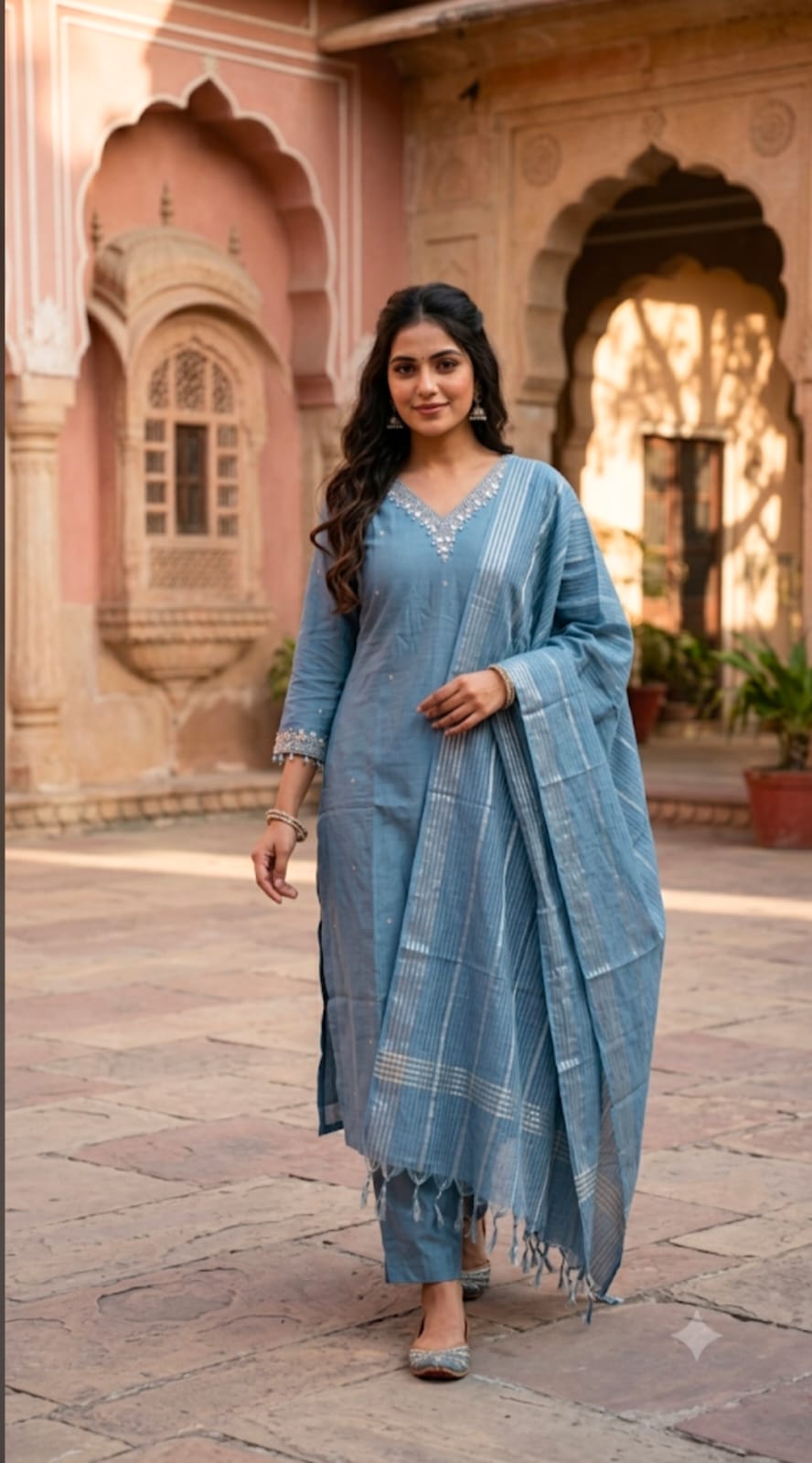 Powder Blue Mul Chanderi Kurta Set With dupatta.
