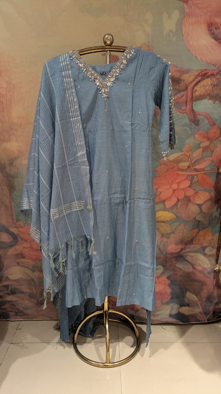 Powder Blue Mul Chanderi Kurta Set With dupatta.
