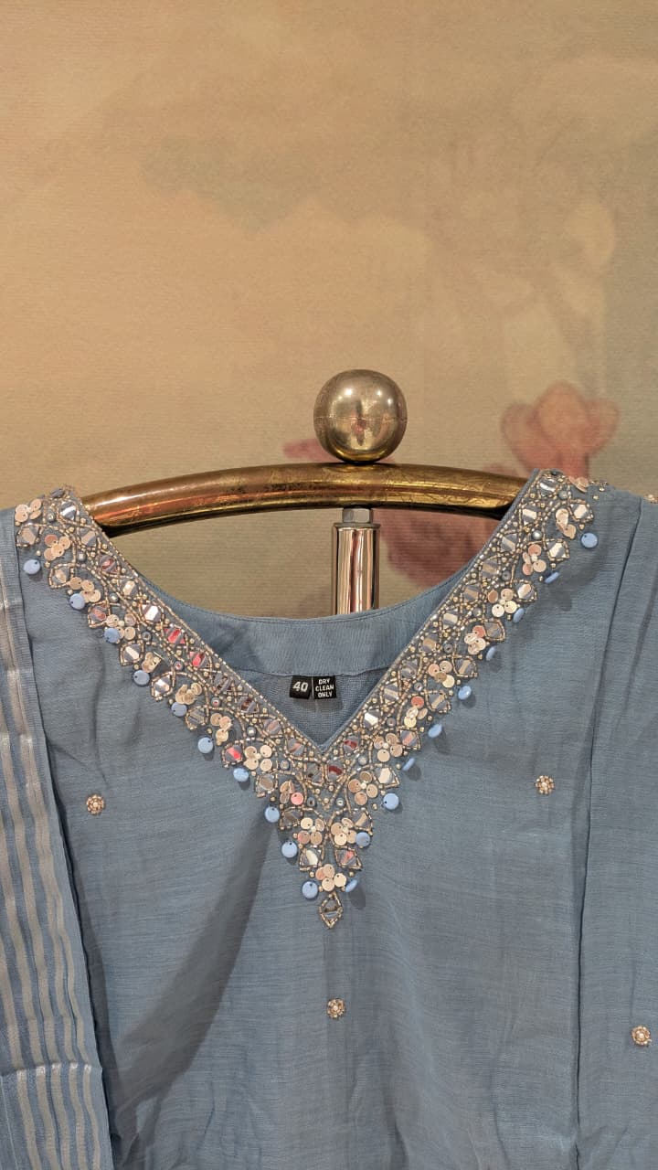 Powder Blue Mul Chanderi Kurta Set With dupatta.