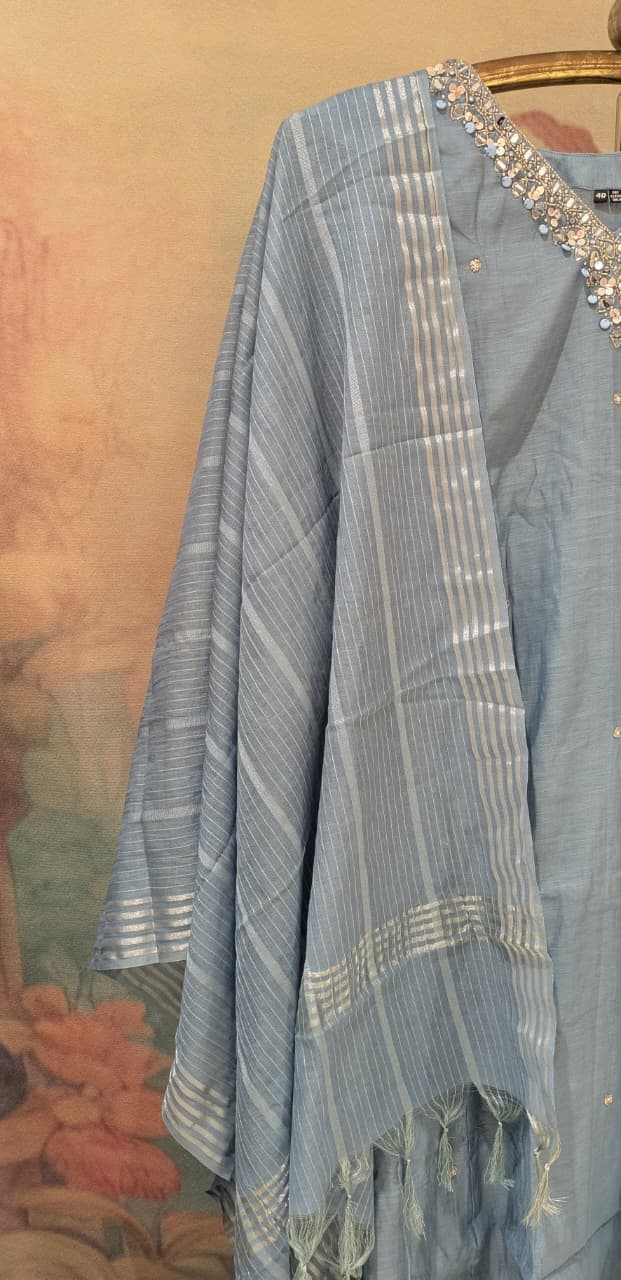 Powder Blue Mul Chanderi Kurta Set With dupatta.