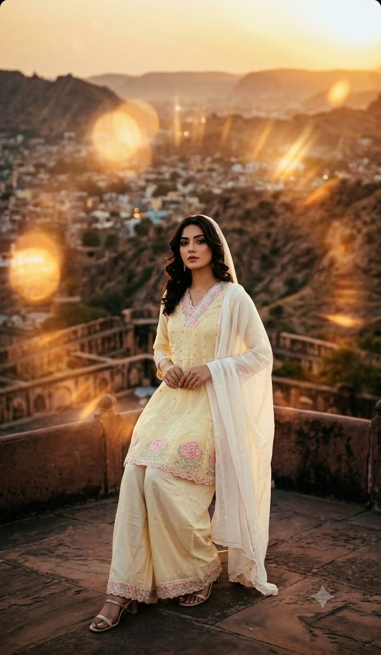 Pastel Cream Embroidered Georgette Anarkali Kurta & Palazzo Pant Set with Scalloped Borders