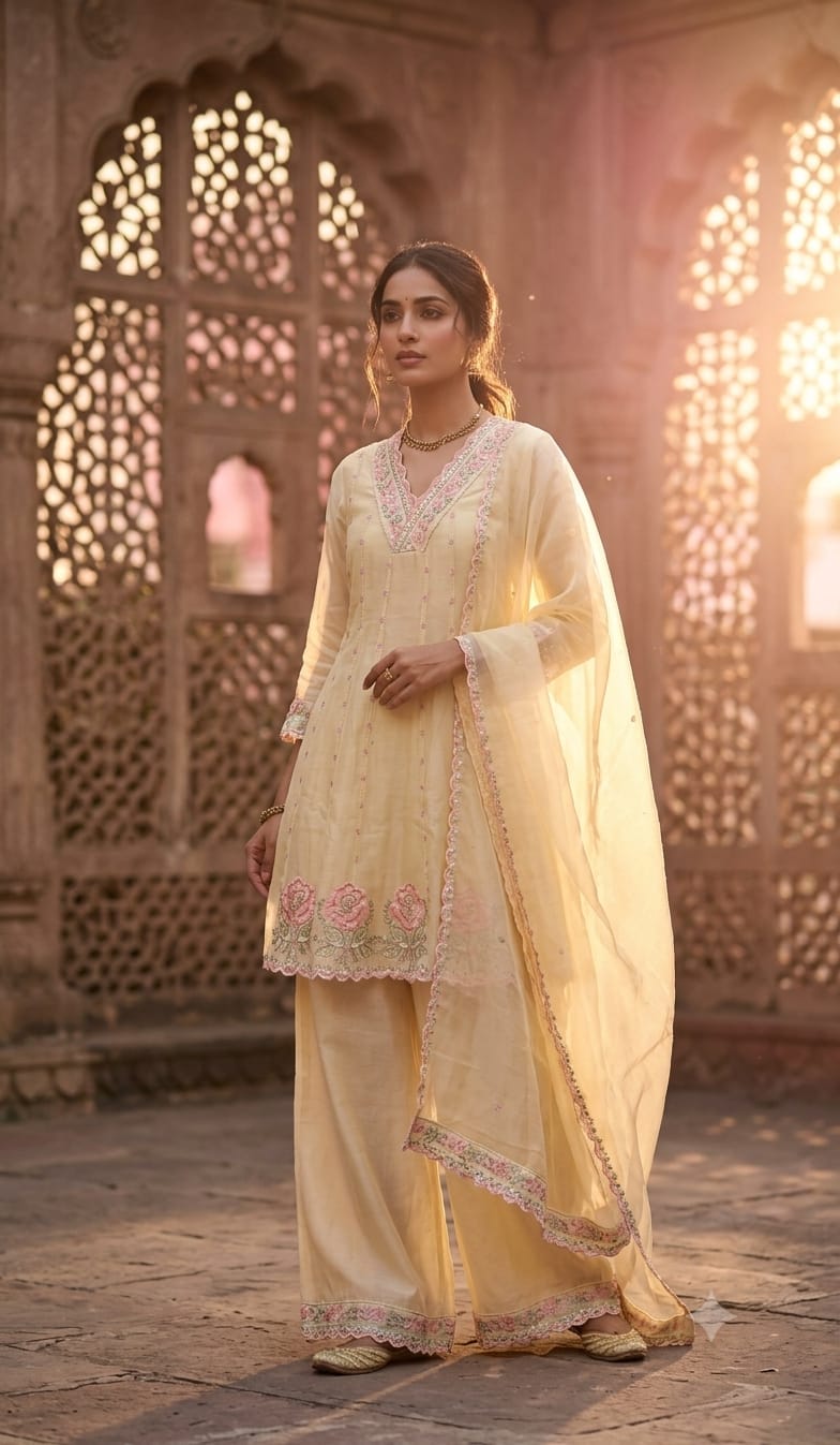 Pastel Cream Embroidered Georgette Anarkali Kurta & Palazzo Pant Set with Scalloped Borders