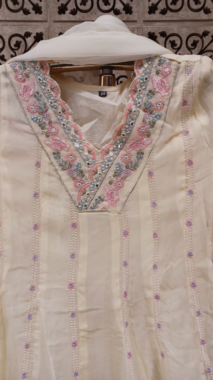 Pastel Cream Embroidered Georgette Anarkali Kurta & Palazzo Pant Set with Scalloped Borders