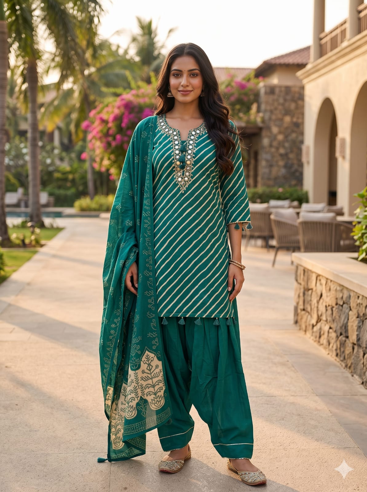 Emerald Green Leheriya Kurta & Farshi Salwar Set with Mirror Work.
