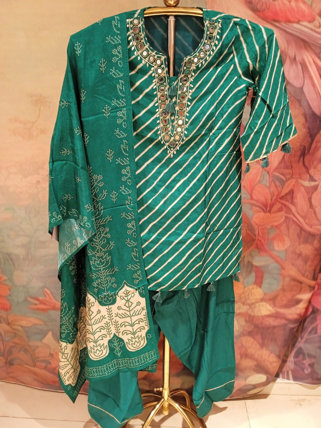 Emerald Green Leheriya Kurta & Farshi Salwar Set with Mirror Work.