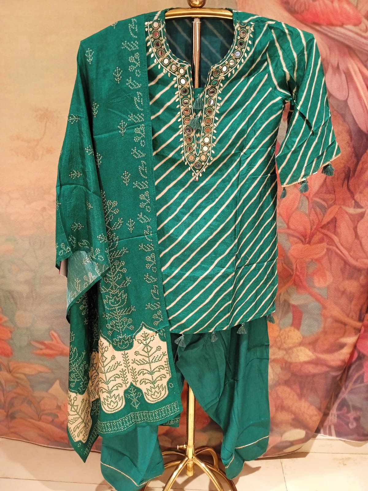 Emerald Green Leheriya Kurta & Farshi Salwar Set with Mirror Work.