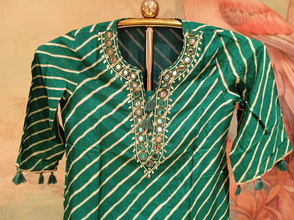 Emerald Green Leheriya Kurta & Farshi Salwar Set with Mirror Work.