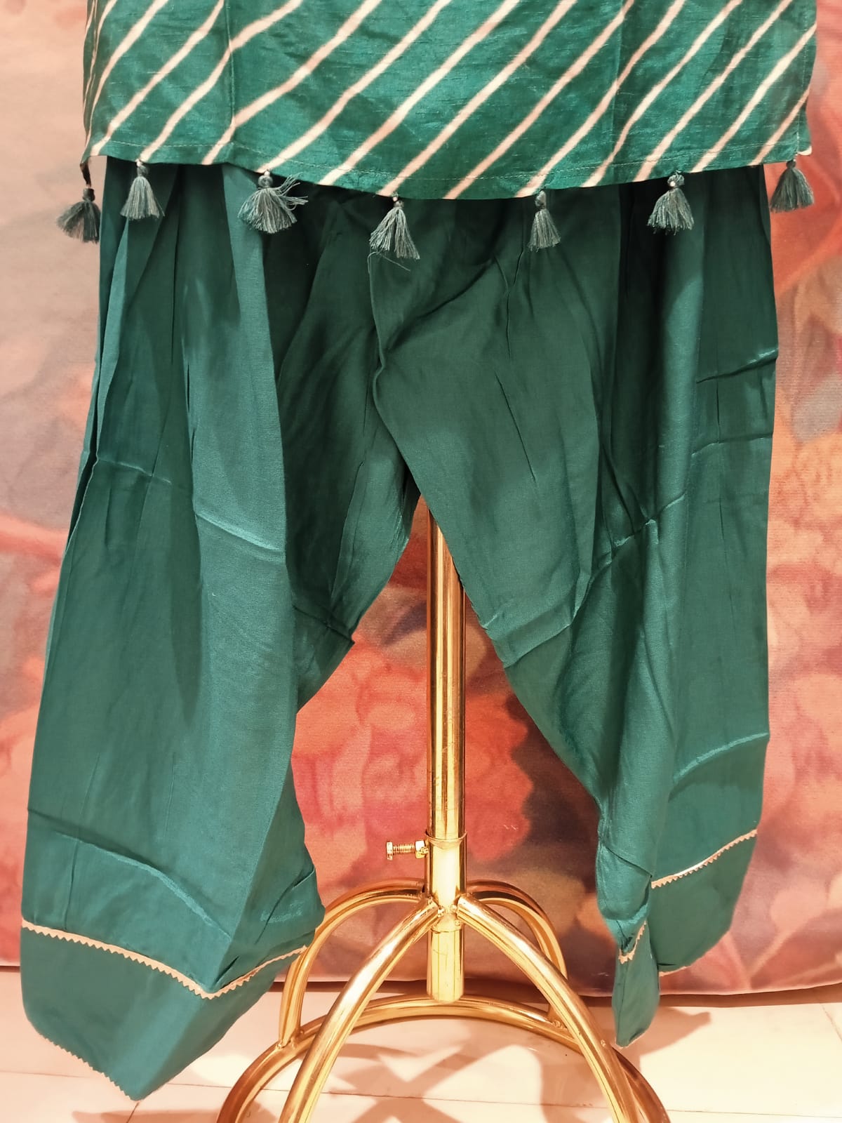 Emerald Green Leheriya Kurta & Farshi Salwar Set with Mirror Work.