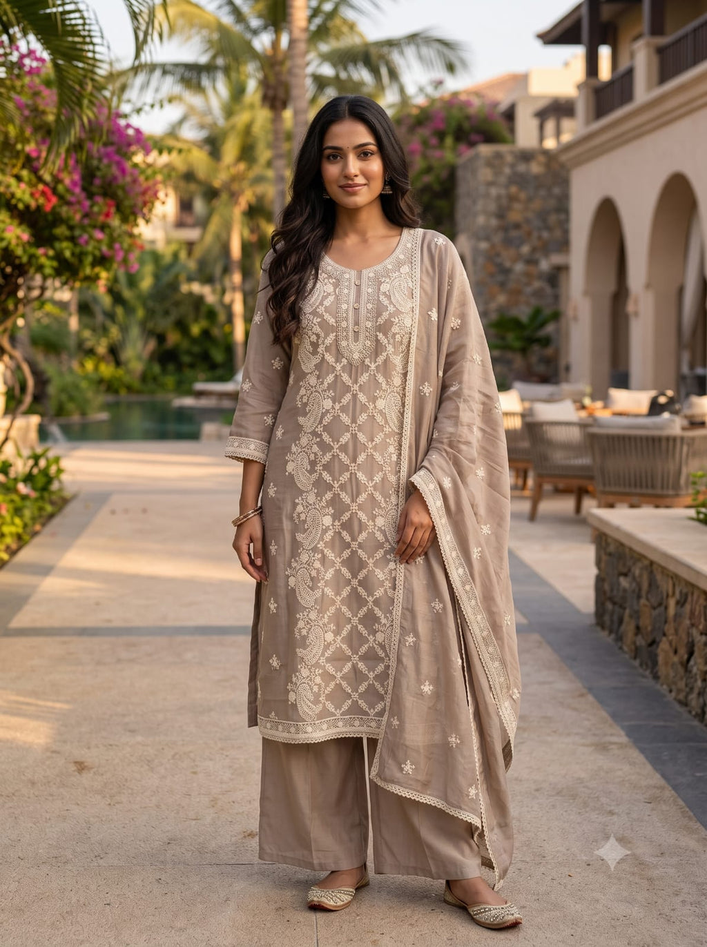 Taupe Grey Chanderi Silk Thread Work Kurta Set with Dupatta.