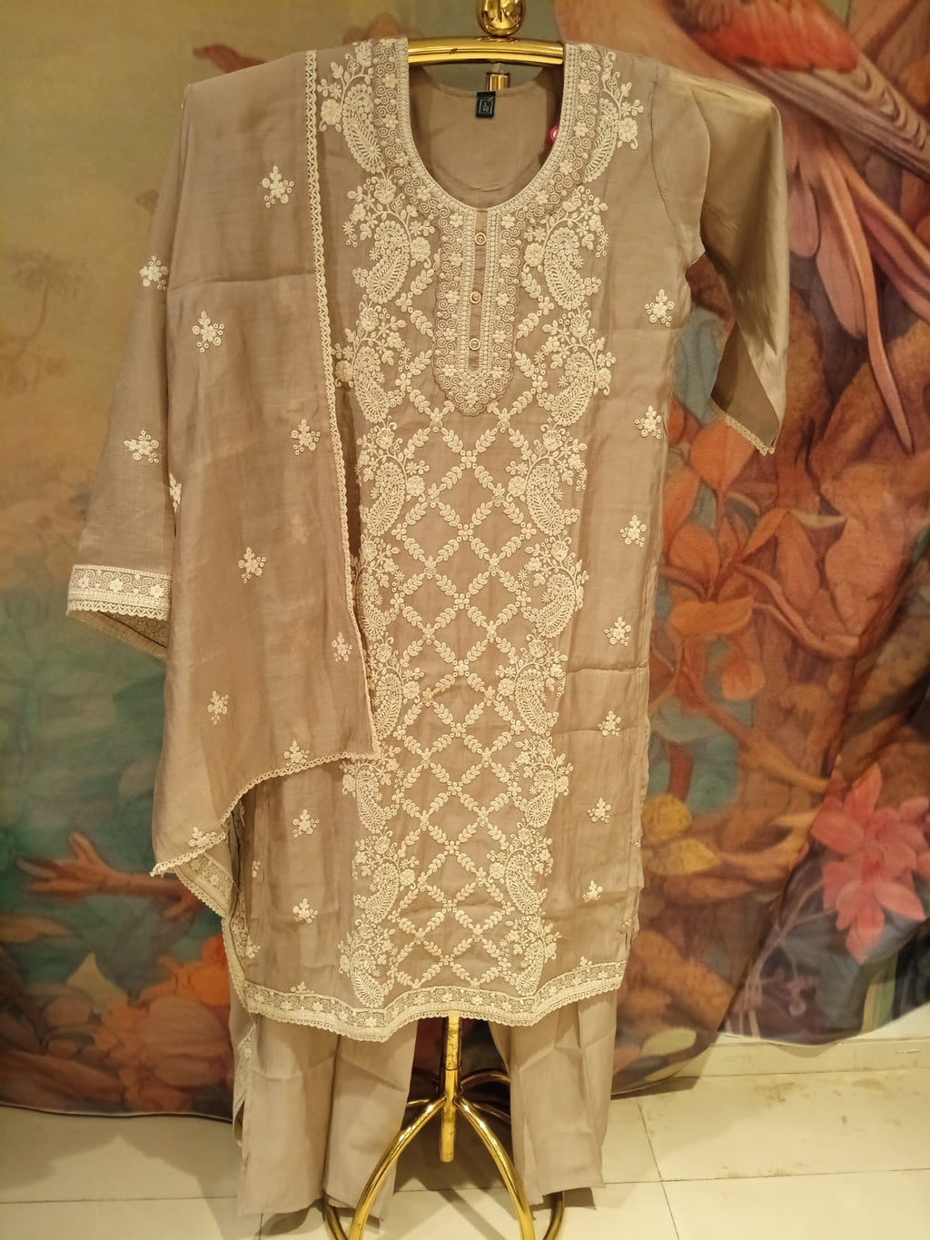 Taupe Grey Chanderi Silk Thread Work Kurta Set with Dupatta.