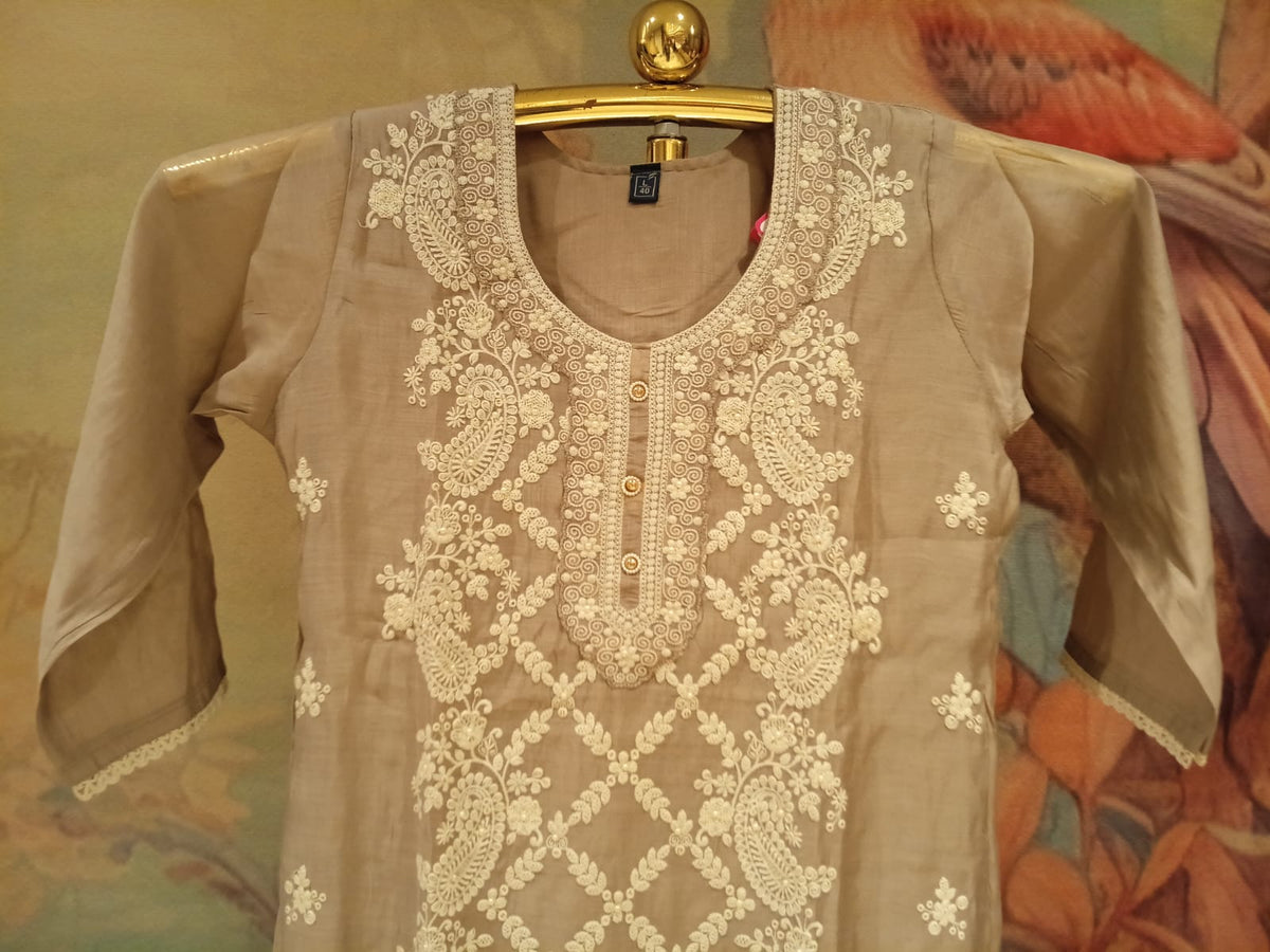 Taupe Grey Chanderi Silk Thread Work Kurta Set with Dupatta.