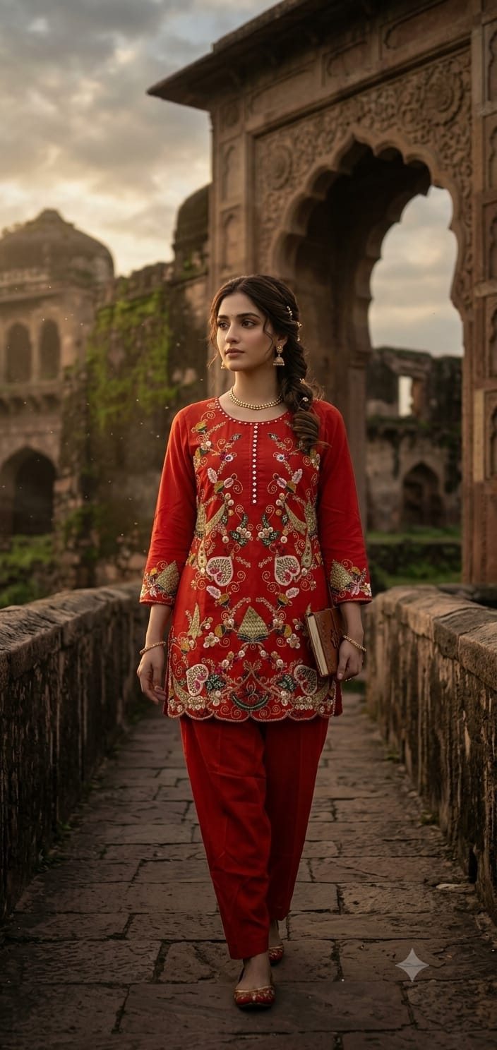 Rust Orange Georgette Kurti & Straight Pant Set with Multi-Color Kashmiri Floral Embroidery.