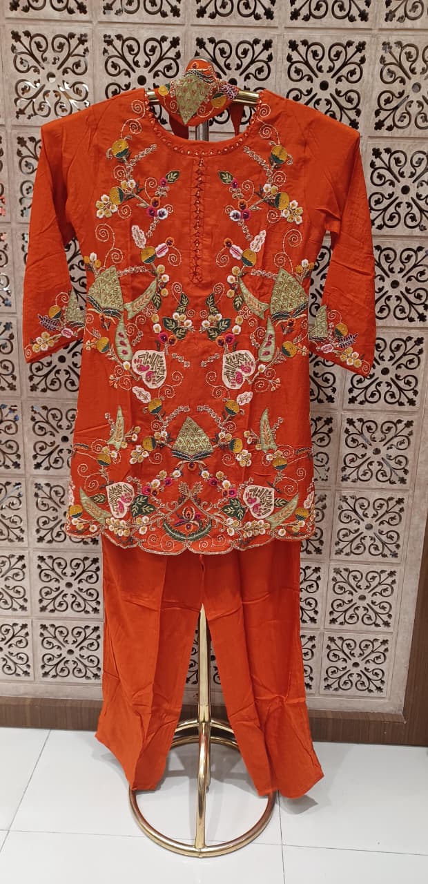 Rust Orange Georgette Kurti & Straight Pant Set with Multi-Color Kashmiri Floral Embroidery.