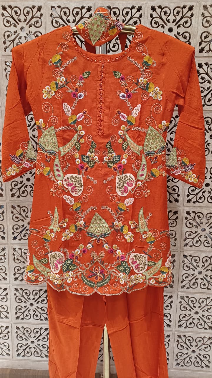 Rust Orange Georgette Kurti & Straight Pant Set with Multi-Color Kashmiri Floral Embroidery.