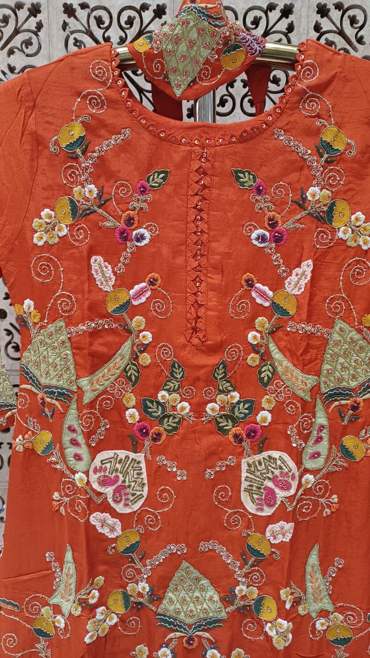 Rust Orange Georgette Kurti & Straight Pant Set with Multi-Color Kashmiri Floral Embroidery.