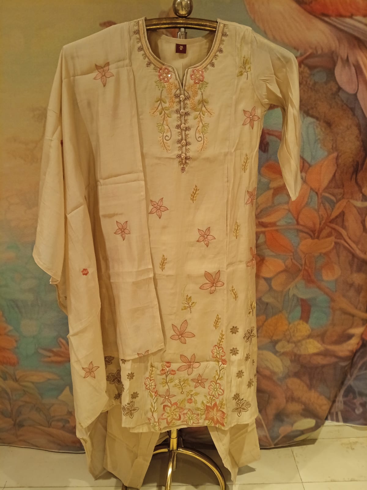 Ivory Cream Mul Cotton A line Kurta Set with Pastel Floral Hand-Embroidery