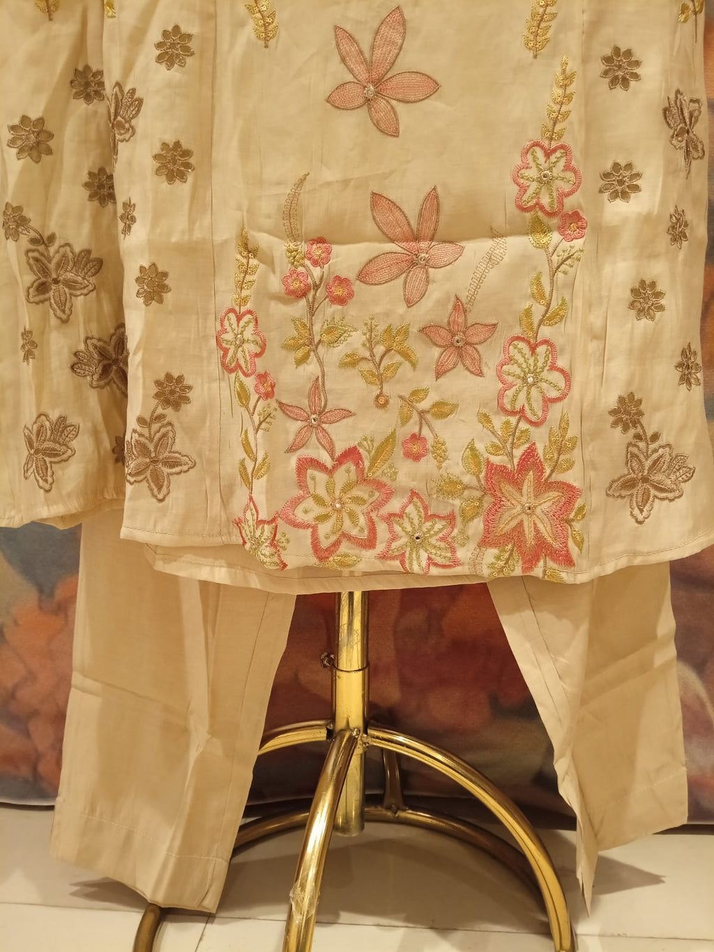 Ivory Cream Mul Cotton A line Kurta Set with Pastel Floral Hand-Embroidery