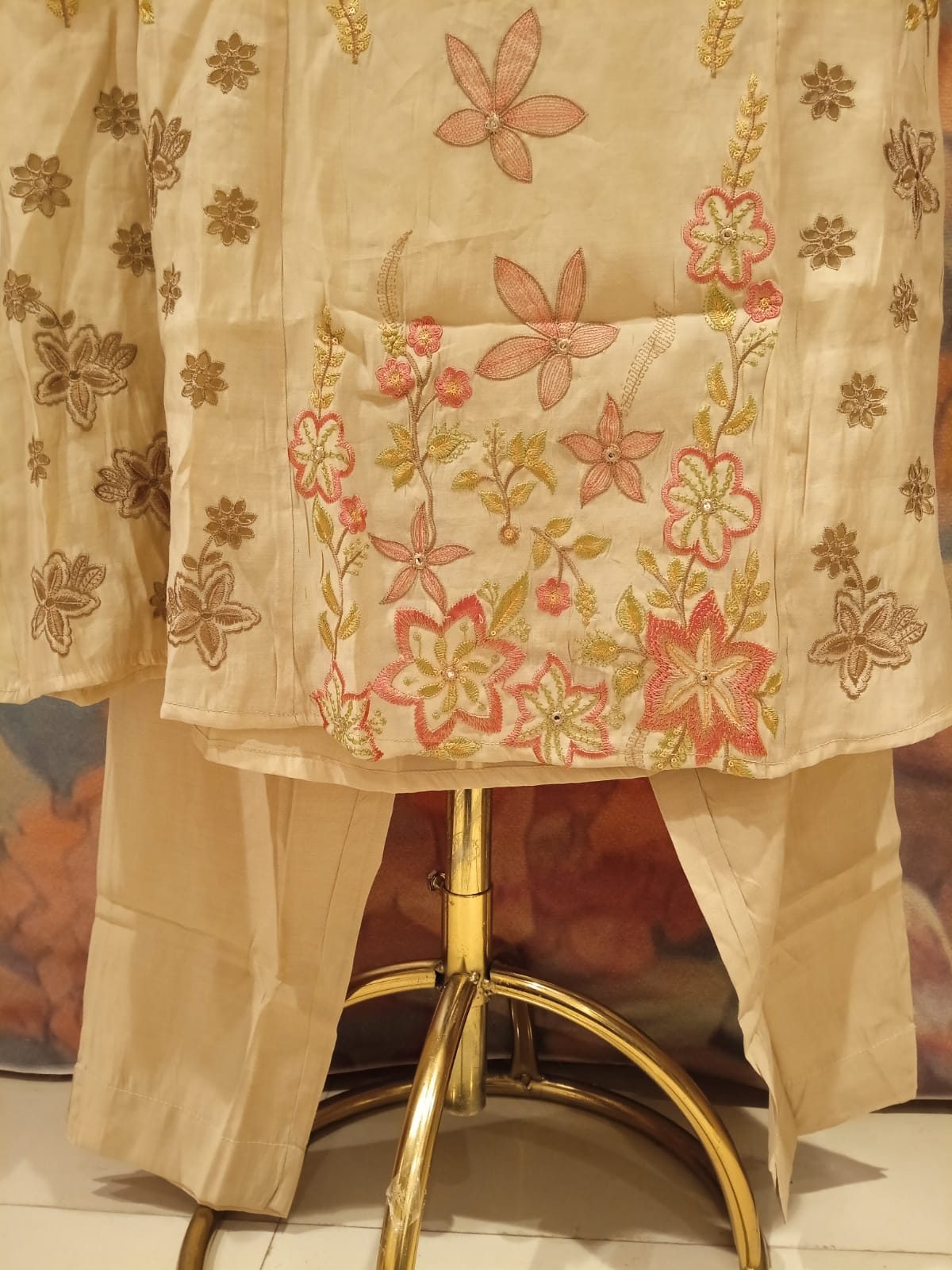 Ivory Cream Mul Cotton A line Kurta Set with Pastel Floral Hand-Embroidery