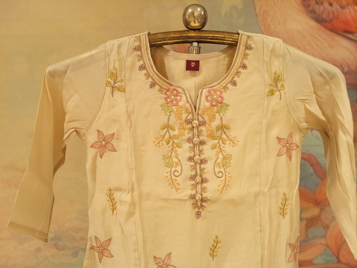 Ivory Cream Mul Cotton A line Kurta Set with Pastel Floral Hand-Embroidery