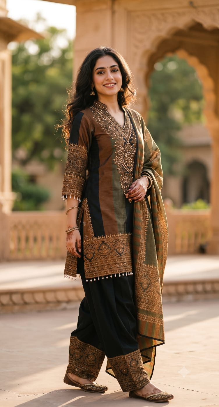 Olive Green, Heritage Ajrakh-Print Kurta Pant Set.