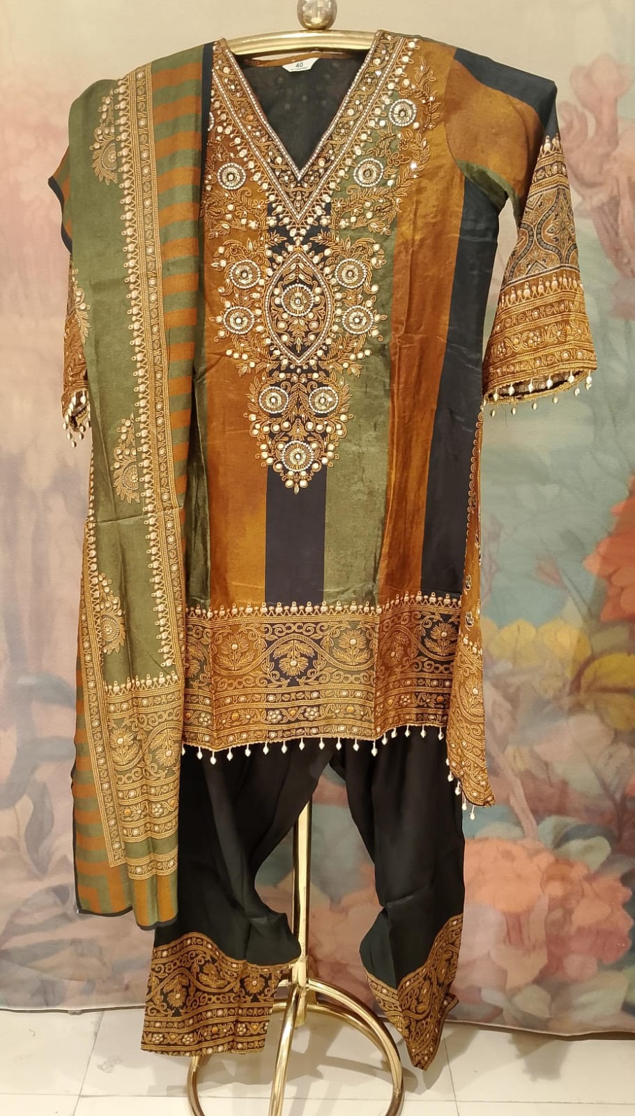 Olive Green, Heritage Ajrakh-Print Kurta Pant Set.