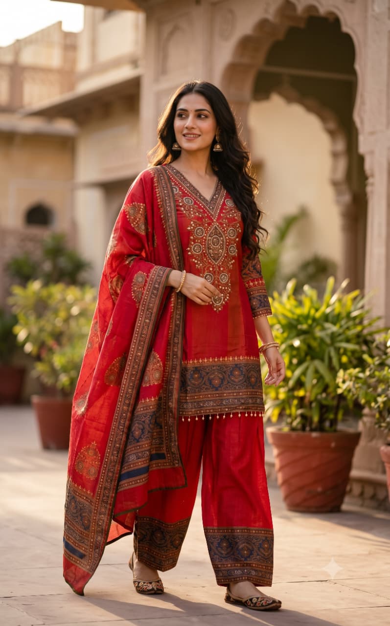 Royal Crimson Ajrakh-Print Kurta Pant Set.