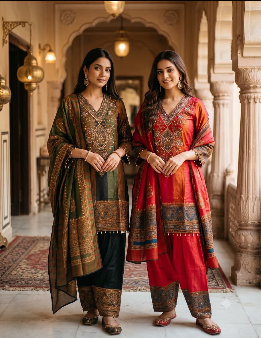 Royal Crimson Ajrakh-Print Kurta Pant Set.