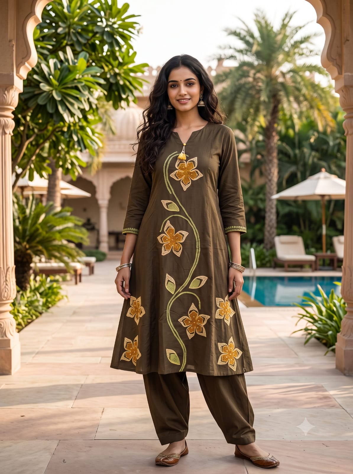 Olive Brown The Earthy Elegance Applique Work Mul Cotton Kurta Set.