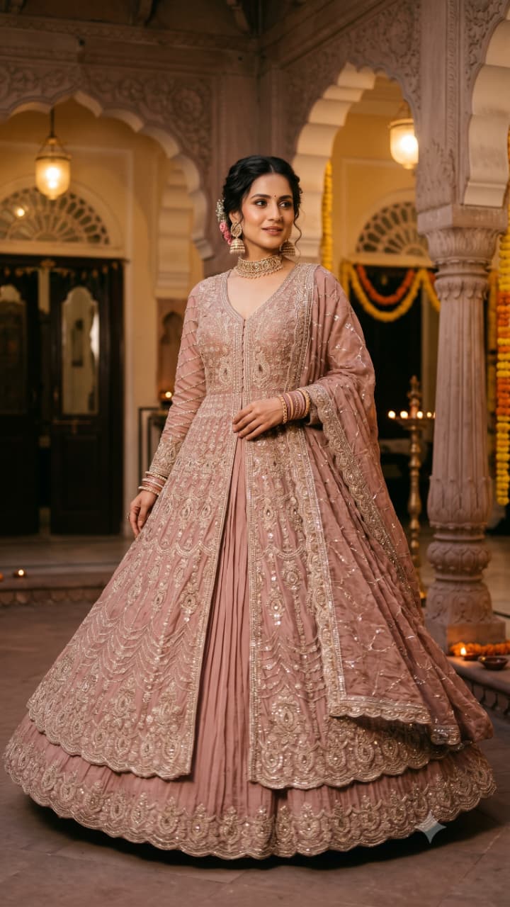 Majestic Rose-Gold Dust Simmer Silk Front-Slit Anarkali Lehenga Set.