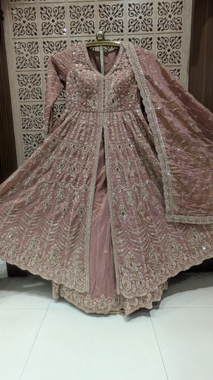 Majestic Rose-Gold Dust Simmer Silk Front-Slit Anarkali Lehenga Set.