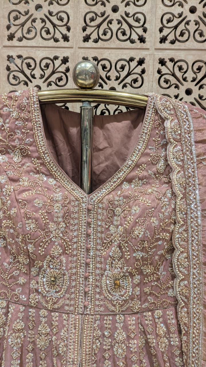 Majestic Rose-Gold Dust Simmer Silk Front-Slit Anarkali Lehenga Set.