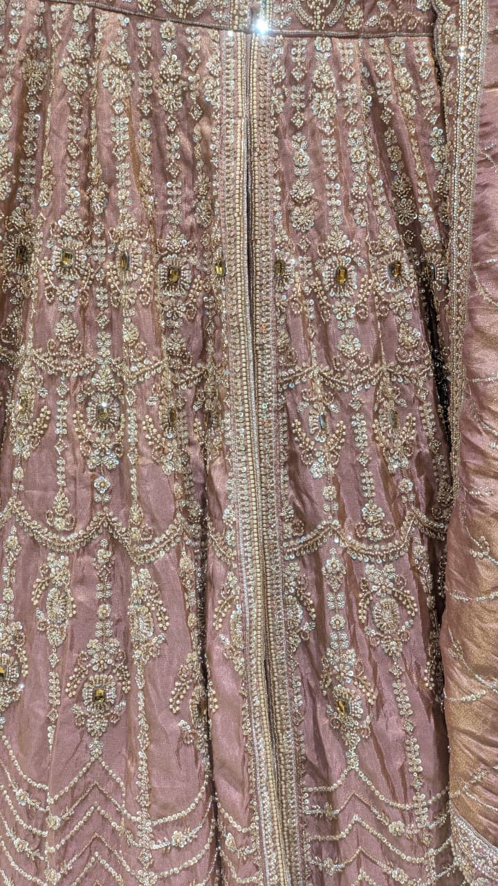 Majestic Rose-Gold Dust Simmer Silk Front-Slit Anarkali Lehenga Set.