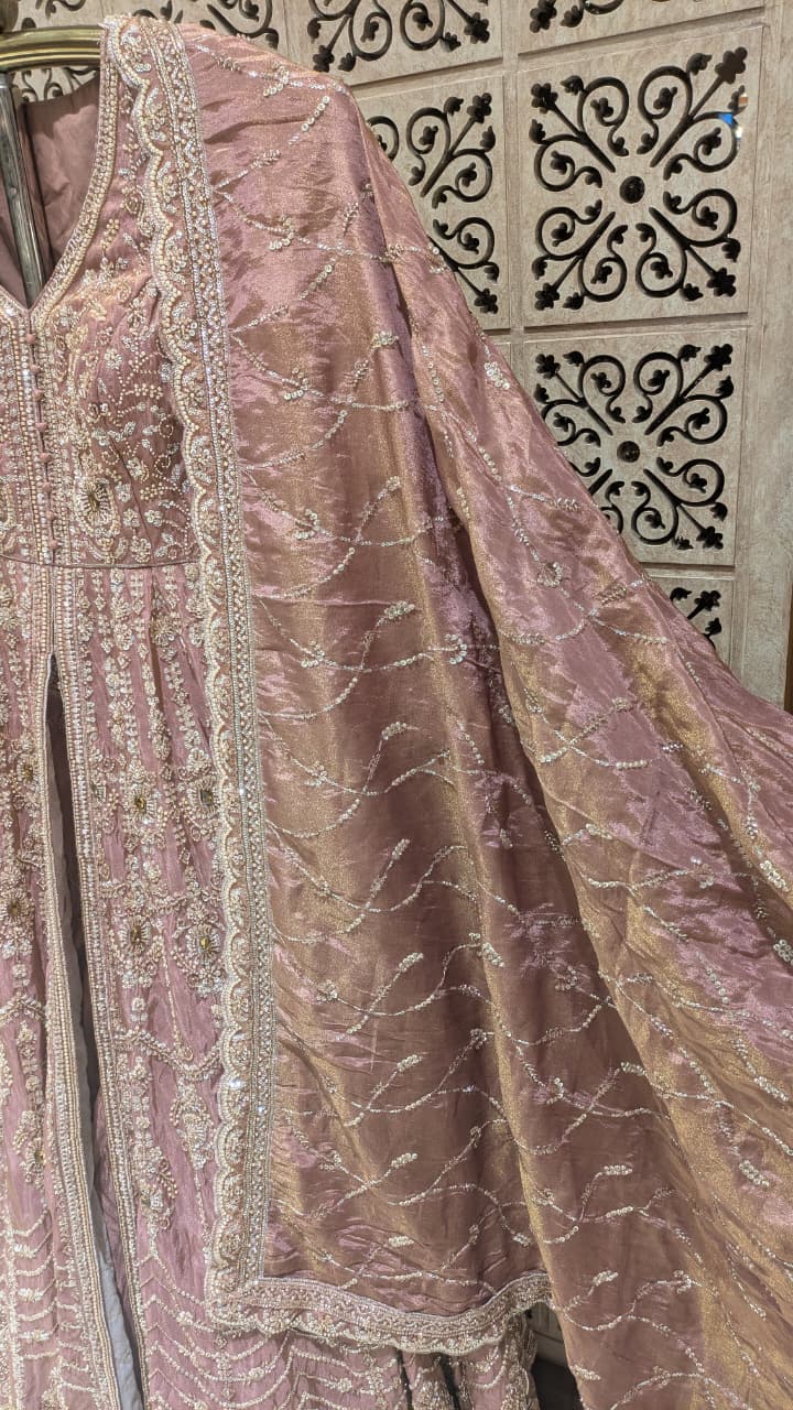 Majestic Rose-Gold Dust Simmer Silk Front-Slit Anarkali Lehenga Set.