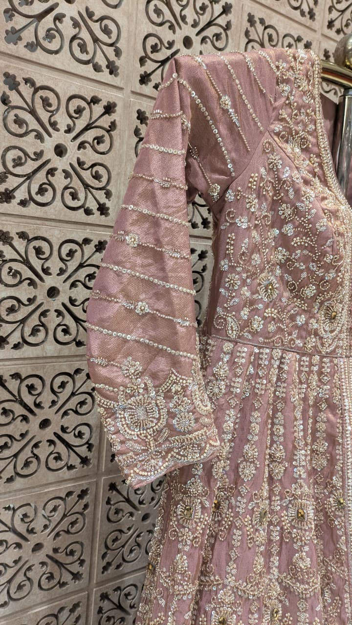 Majestic Rose-Gold Dust Simmer Silk Front-Slit Anarkali Lehenga Set.