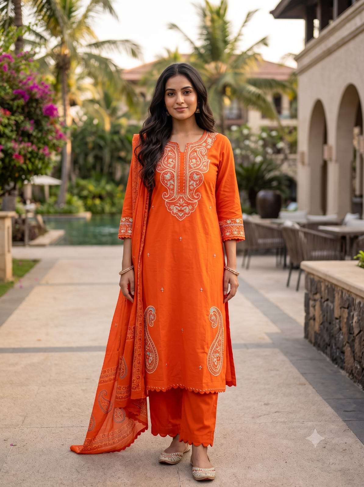 Radiant Tangerine Paisley Embroidered Mul Cotton Kurta Set.