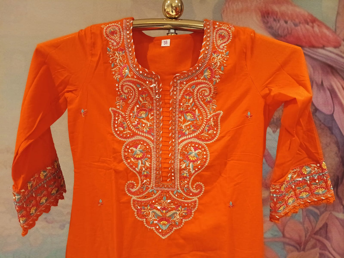 Radiant Tangerine Paisley Embroidered Mul Cotton Kurta Set.