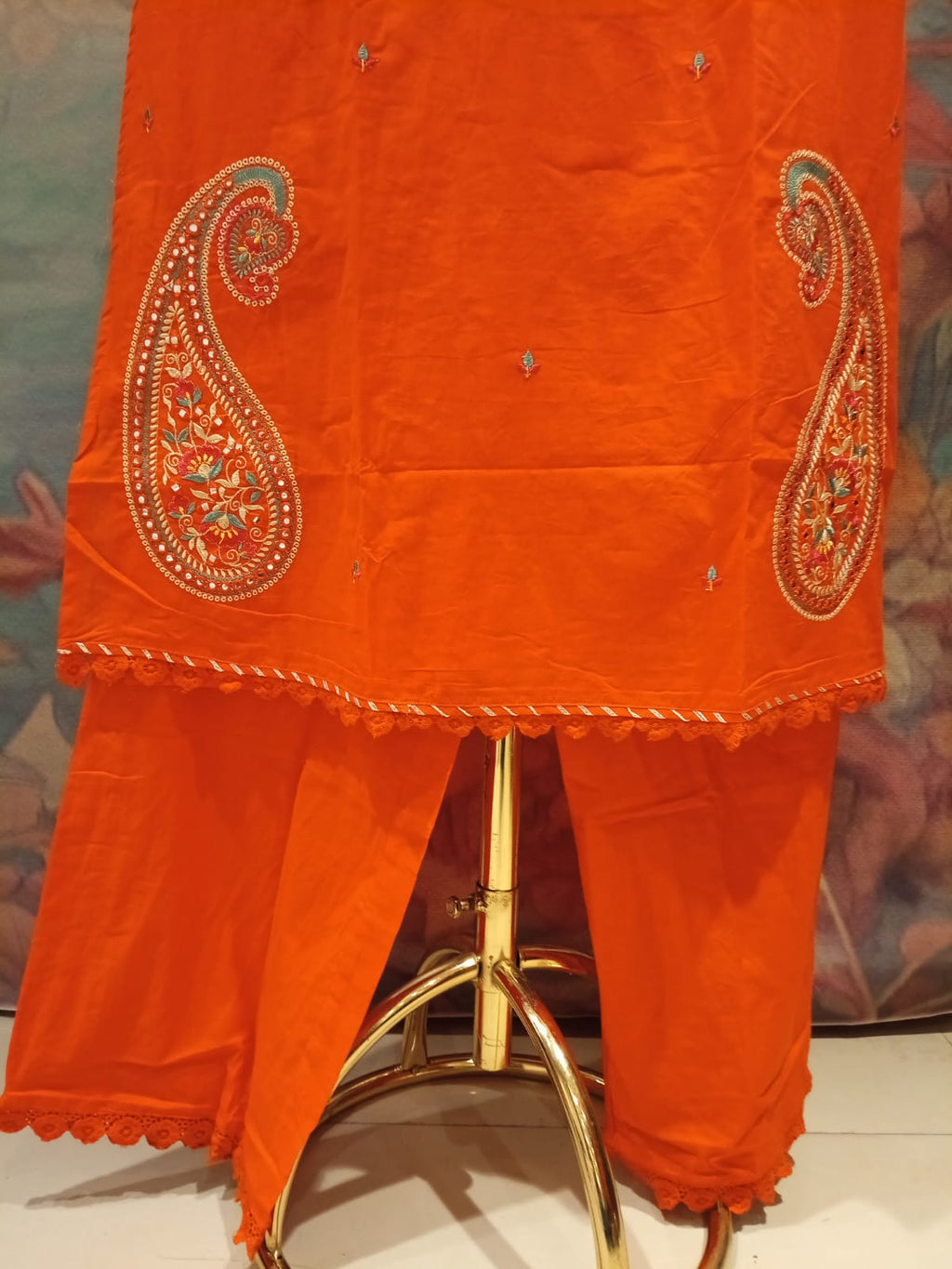 Radiant Tangerine Paisley Embroidered Mul Cotton Kurta Set.