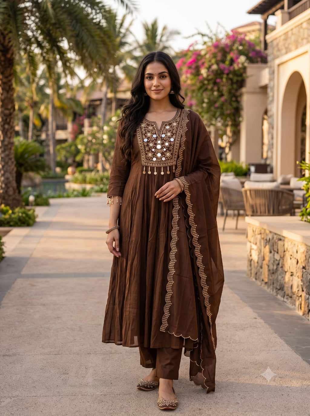 Imperial Chocolate Mul Chanderi Anarkali Set.