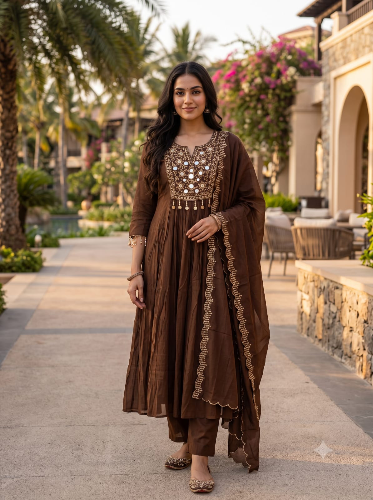 Imperial Chocolate Mul Chanderi Anarkali Set.